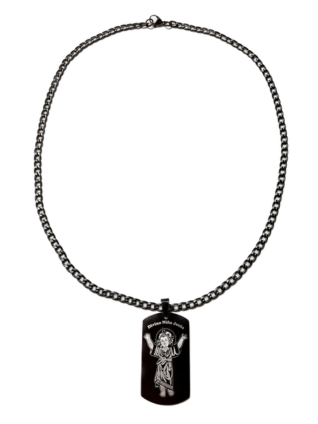 Divine Child Jesus Divino Nino Jesus Stainless Steel Black 20" Necklace W/ Oracion On Back