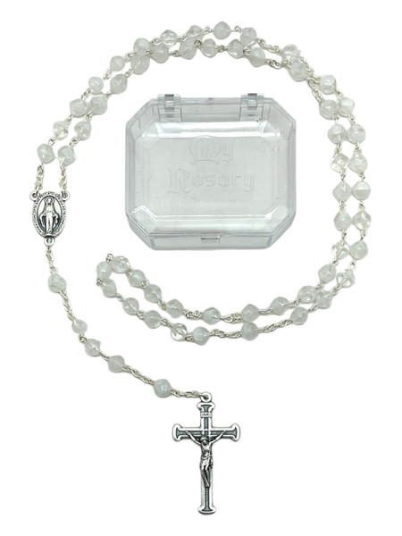 White Glass Bead Crucifix Rosary Necklace With Storage Box Made In Italy For Prayer, Protection, Peace, ETC.