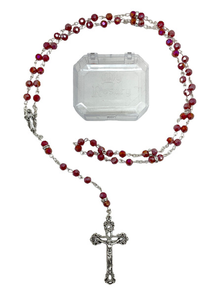 Ruby Red Rondelle Bead Crucifix Rosary Necklace With Storage Box Made In Italy For Prayer, Protection, Peace, ETC.