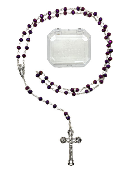 Amethyst Rondelle Bead Crucifix Rosary Necklace With Storage Box Made In Italy For Prayer, Protection, Peace, ETC.