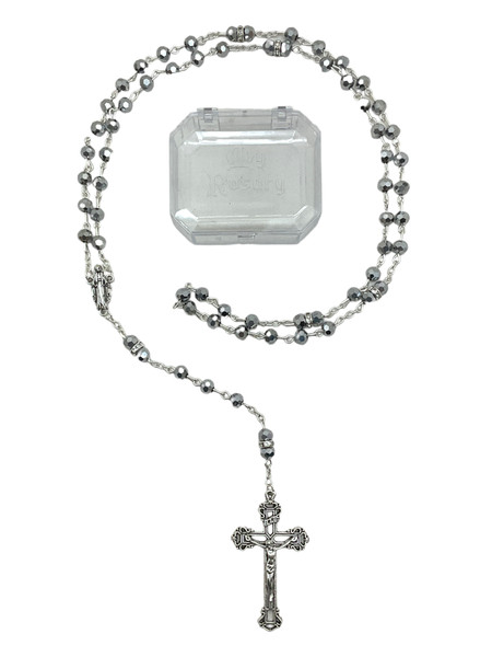Silver Mirror Rondelle Bead Crucifix Rosary Necklace With Storage Box Made In Italy For Prayer, Protection, Peace, ETC.