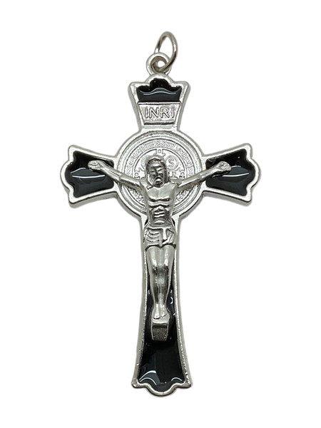 Crucifixion Of Jesus Christ Saint Benedict Medal Black Inlay 3" Crucifix Pendant For Protection, Enemies Go Away, Run Devil Run, ETC.