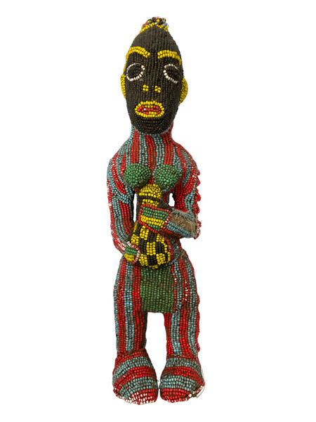 African Bamileke Beaded Female Figure One Of A Kind Handcrafted 21" Primitive Tribal Art Sculpture 