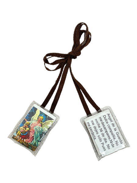 Angel De La Guarda Devotional Plastic Covered Scapular Escapulario String Necklace With Oracion For Prayer, Religious Faith, Worship, ETC.