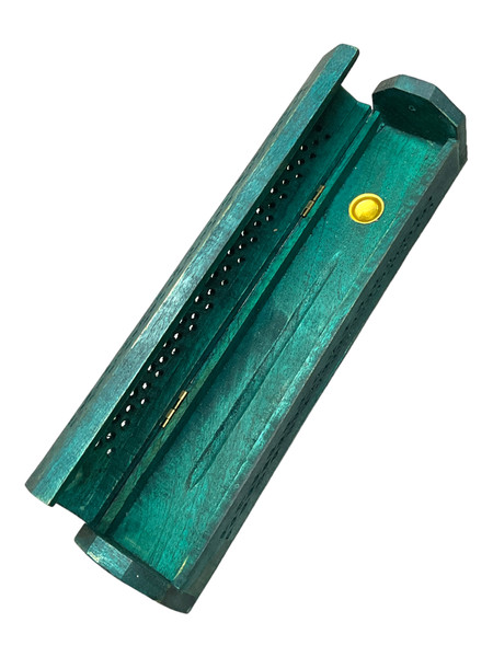 Emerald Green Carved Wooden 11” Incense Holder Ash Catcher Box Coffin Style For Burning Incense Stick & Cone