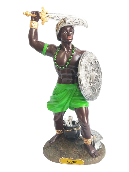 Orisha Ogun Divine Blacksmith Warrior Of Tools Weapons & Technology Holding Sword & Shield 12.5" Statue To Fight Against Injustice, Protection, Open Doors, ETC.
