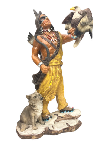 Native American Indian Warrior With Eagle & Wolf 12" Statue For Family, Peace, Strength, ETC.