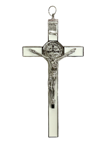 Crucifixion Of Jesus Christ Saint Benedict Medal White Inlay 7" Crucifix Pendant For Protection, Enemies Go Away, Run Devil Run, ETC.