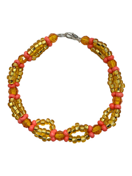 Orisha Oshun Fancy Eleke Bead Gold & Orange Clasp Bracelet 8" For Protection, Guidance, Road Opening, ETC.