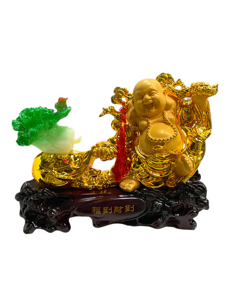 Happy Laughing Golden Buddha With Green Cabbage Lucky Feng Shui Decorative 17" x 12" Statue For Family Harmony, Health, Peace, ETC.