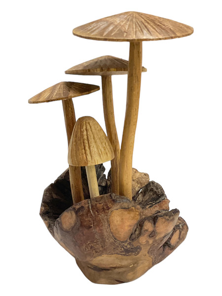 Lucky Mushrooms Fungi Shrooms Hand Carved 6" Wooden Figure For Transformation, Prosperity, Longevity, ETC