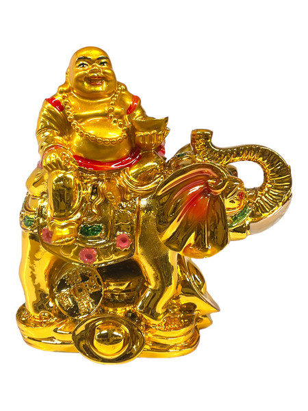 Happy Golden Buddha Riding Elephant Lucky Feng Shui Decorative 4" Statue For Family Harmony, Health, Peace, ETC.