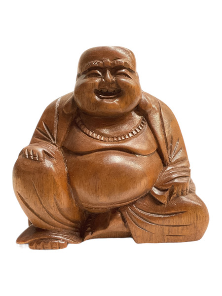 Happy Laughing Wooden Buddha Version #1 Lucky Feng Shui Decorative 5" Statue For Family Harmony, Health, Peace, ETC.