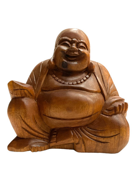 Happy Laughing Wooden Buddha Version #2 Lucky Feng Shui Decorative 5" Statue For Family Harmony, Health, Peace, ETC.