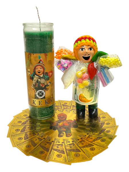 Ekeko Folk Saint 6" Green Statue & Candle & Lucky Golden Money Energy Circle Spread Of $100 One Hundred Dollars Talisman 8" Spiritual Currency Banknote For Good Luck, Economic Protection, Financial Goals, ETC.