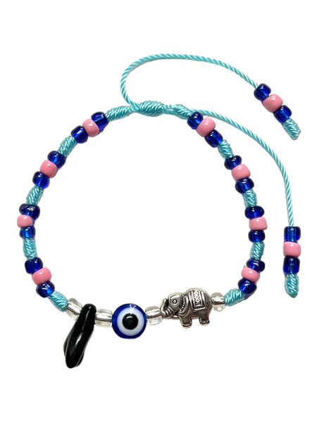 Azabache Evil Eye & Lucky Elephant Blue & Pink Adjustable Length Spiritual Bracelet For Protection, Wisdom, Good Luck, ETC.