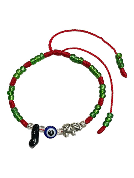 Azabache & Evil Eye & Lucky Elephant Green Beads & Red String Adjustable Length Spiritual Bracelet For Protection, Wisdom, Good Luck, ETC.