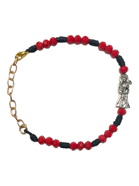 Santa Muerte Adjustable Length 7" to 9" Double Sided Image Bracelet Red & Black With Clasp Closure For Protection, Positive Changes, Open Road, ETC.