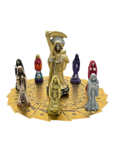 Santa Muerte & Golden Money Circle Talisman 8 Statues Set For Protection, Positive Changes, Open Road, ETC. #2 Gold With Scythe