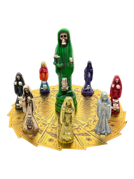 Santa Muerte & Golden Money Circle Talisman 8 Statues Set For Protection, Positive Changes, Open Road, ETC. #5 Green Holding Scales