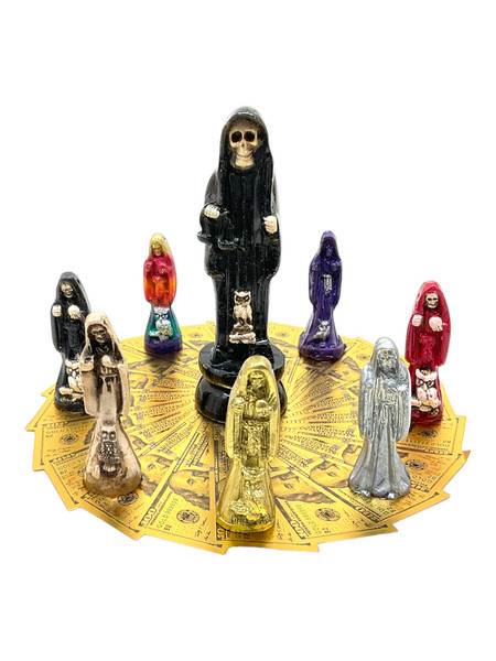 Santa Muerte & Golden Money Circle Talisman 8 Statues Set For Protection, Positive Changes, Open Road, ETC. #8 Black Holding Scales