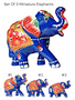 Hand-painted Miniature Elephant Statues in blue with colorful designs, Set of 3, for Wisdom, Strength, Protection, Good Fortune, Spiritual Guidance, and Harmonizing Energy. Sizes: 3.5", 2.5", 3".