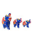 Hand-painted Miniature Elephant Statues in blue with colorful designs, Set of 3, for Wisdom, Strength, Protection, Good Fortune, Spiritual Guidance, and Harmonizing Energy. Sizes: 3.5", 2.5", 3".