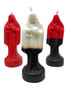 three Santa Muerte figure candles in 10-inch size, featuring black and white, black and red, and solid red colors. Each candle represents unique spiritual intentions—protection and purification (black & white), transformation and empowerment (black & red), and love and courage (red)—ideal for rituals and devotion.