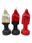 three Santa Muerte figure candles in 10-inch size, featuring black and white, black and red, and solid red colors. Each candle represents unique spiritual intentions—protection and purification (black & white), transformation and empowerment (black & red), and love and courage (red)—ideal for rituals and devotion.