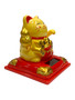 Yellow solar-powered Maneki-Neko figurine waving arm to bring happiness and prosperity.