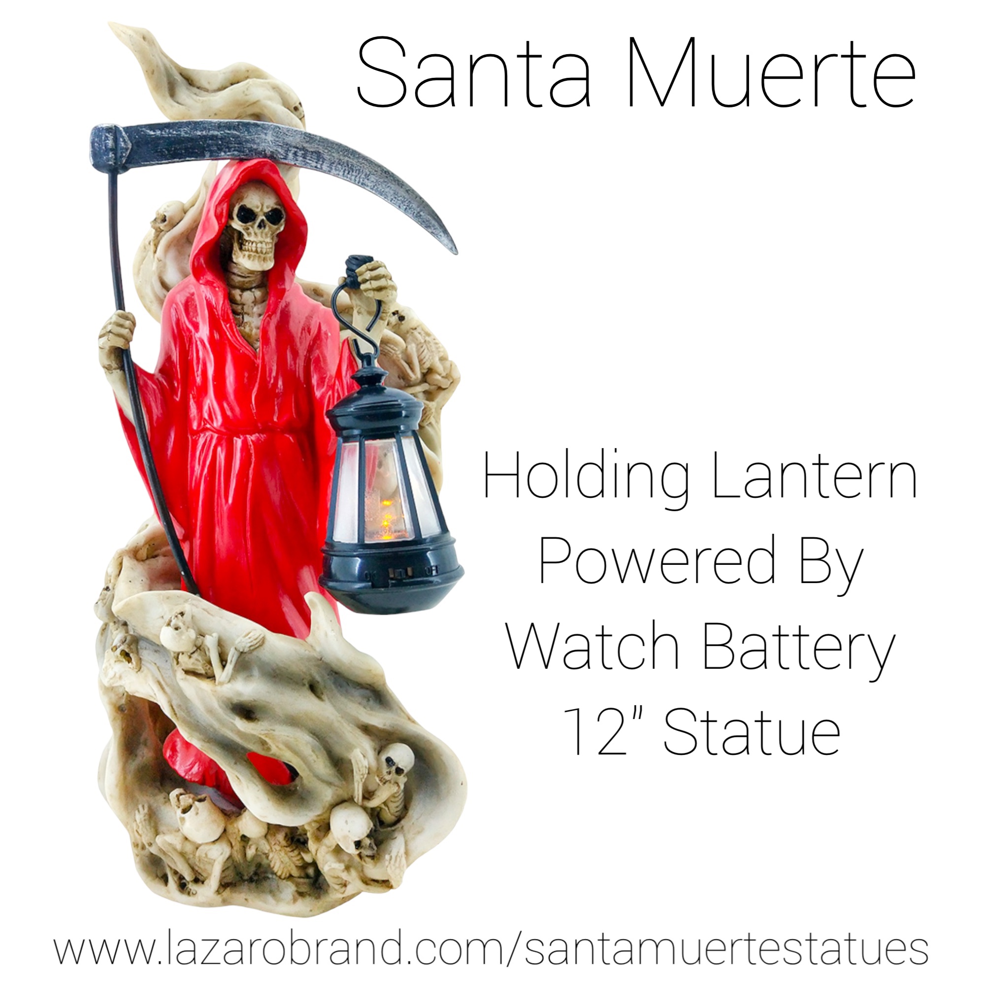 Santa Muerte Statue: Holding Lantern - Red (12