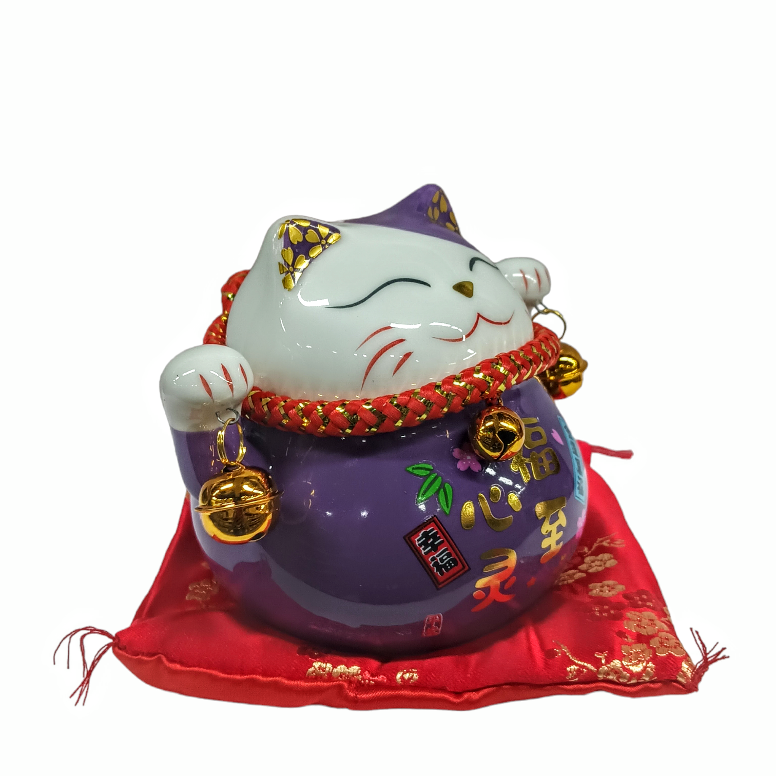 Lucky Cat Purple Ceramic Coin Bank On Cushion / 4