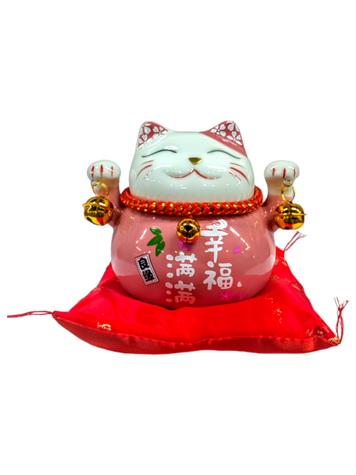Lucky Cat Pink Ceramic Coin Bank On Cushion / 4