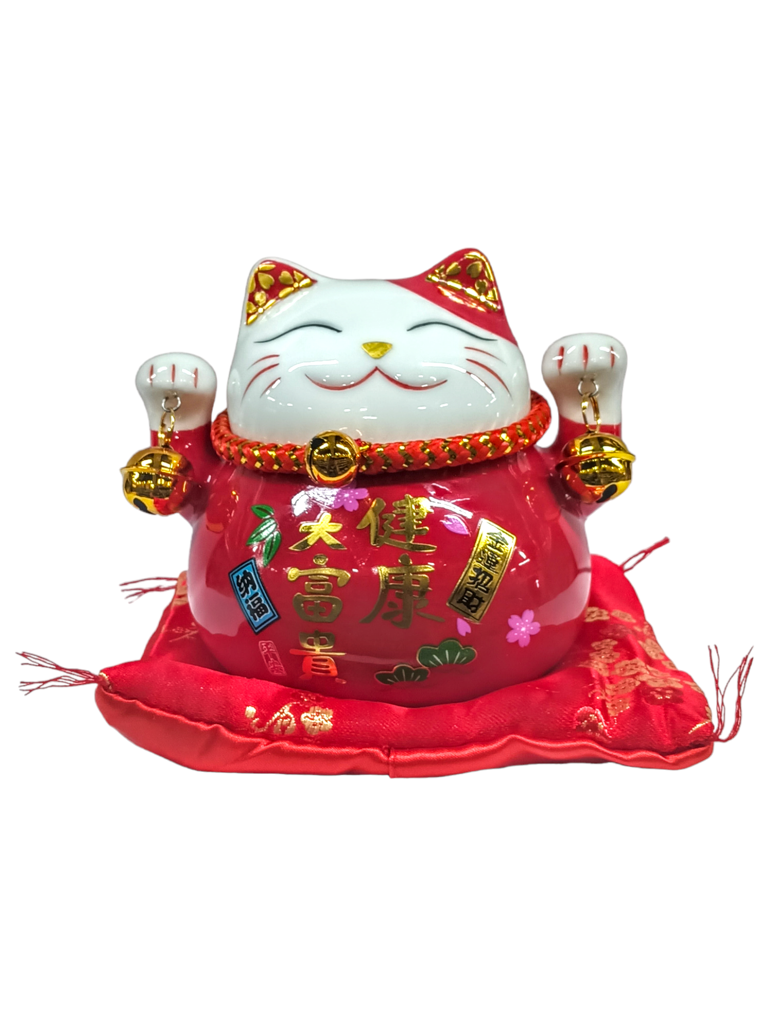 Lucky Cat Red Ceramic Coin Bank On Cushion / 4