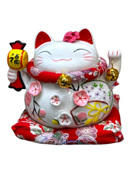 Lucky Cat Ceramic Coin Bank On Cushion / 6.5
