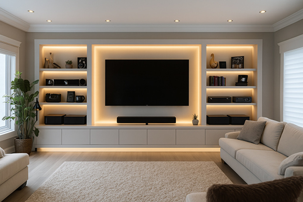 Media wall with LED lighting creating a warm and relaxing atmosphere