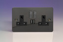 Varilight Iridium Ultraflat 2-Gang 13A Single Pole Switched Socket + 2x5V DC 2100mA USB Charging Ports