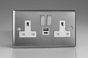 Varilight Brushed Steel 2-Gang 13A Single Pole Switched Socket with 1x USB A & 1x USB C Charging Ports