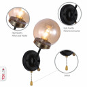 Antique Brass and Black Amber Glass Globe Wall Light Fitting with Pull Down Switch