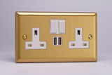 Varilight Brushed Brass 2-Gang 13A Single Pole Switched Socket + 2x5V DC 2100mA USB Charging Ports