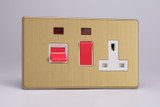 Varilight Brushed Brass Screwless 45A Cooker Panel + Neon with 13A Double Pole Switched Socket Outlet (Red Rocker)