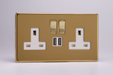 Varilight Polished Brass Screwless 2-Gang 13A Single Pole Switched Socket + 2x5V DC 2100mA USB Charging Ports