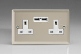 Varilight Satin Chrome 2-Gang 13A Unswitched Socket + 2x5V DC 2100mA USB Charging Ports