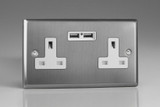 Varilight Brushed Steel 2-Gang 13A Unswitched Socket + 2x5V DC 2100mA USB Charging Ports