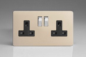 Varilight Satin Chrome Screwless 13A Double Pole Switched Socket Black Insert (1-2 Gang)
