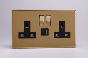 Varilight Polished Brass Screwless 2-Gang 13A Single Pole Switched Socket + 2x5V DC 2100mA USB Charging Ports