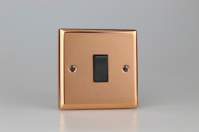Varilight Polished Copper 1-Gang 20A Double Pole Black Rocker Switch Varilight Polished Copper 1-Gang 20A Double Pole Black Rocker Switch