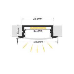 2M Recessed Wide Aluminium Profile With Clip-In Frosted Diffuser 30.3mm X 9.5mm