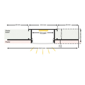 2M Plaster-In Wide Aluminium Profile With Clip-In Frosted Diffuser 66.3mm x 13.6mm