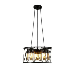 Black Caged Metal Amber Cylinder Glass Chandelier Ceiling Light 3xE27 Black Caged Metal Amber Cylinder Glass Chandelier Ceiling Light 3xE27
